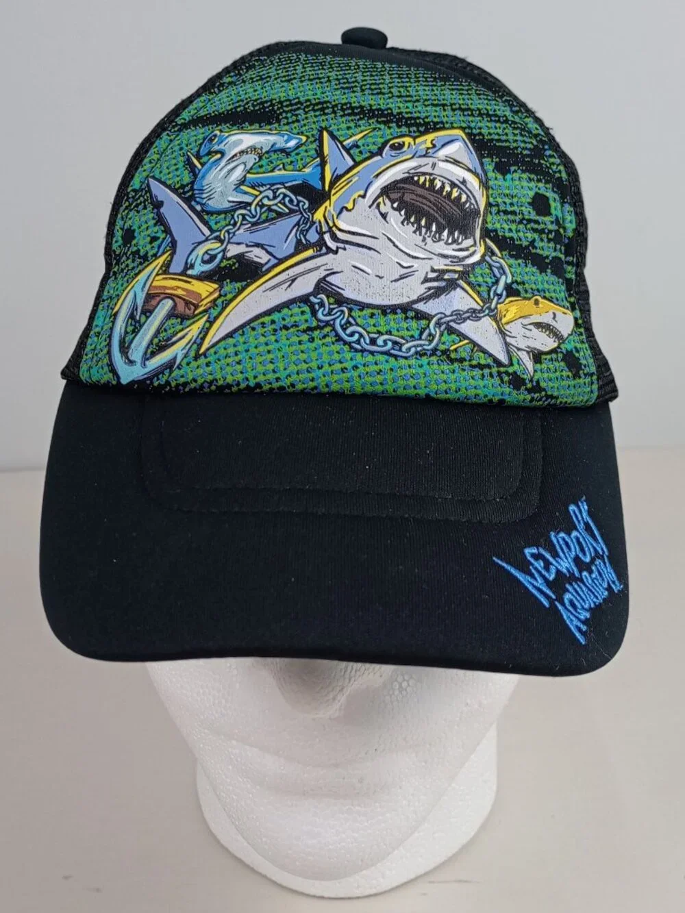 NWOT Newport Aquarium Youth Black Green‎ Blue Shark Anchor Mesh Baseball Cap